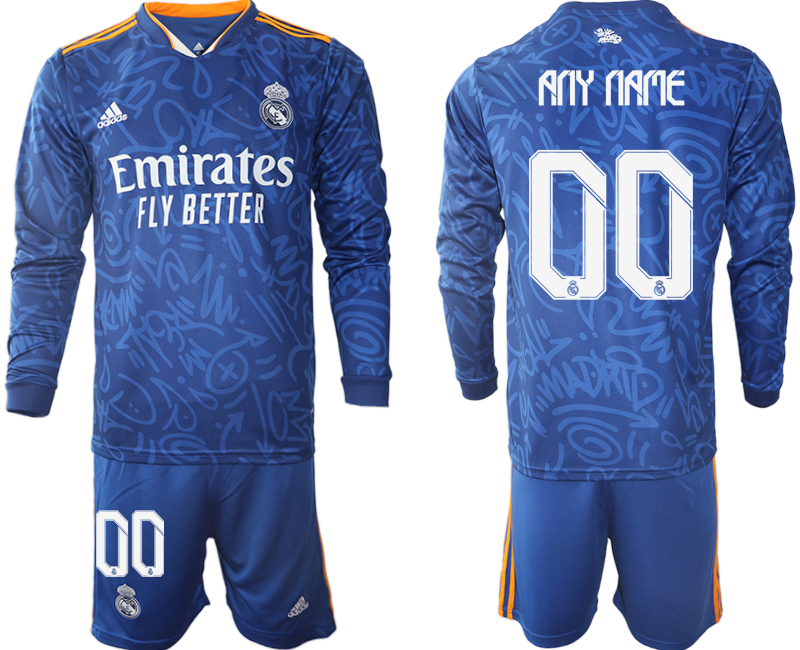 Men 2021-2022 Club Real Madrid away blue Long Sleeve customized Soccer Jersey->real madrid jersey->Soccer Club Jersey